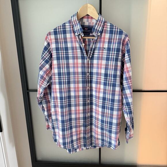 Vineyard Vines Plaid Shirt Boys Kids Size XL 20 Navy Blue Red Long Sleeve Whale - Picture 4 of 11